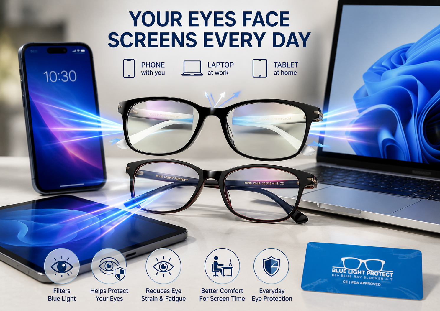 Phone, laptop and tablet around anti-blue light glasses