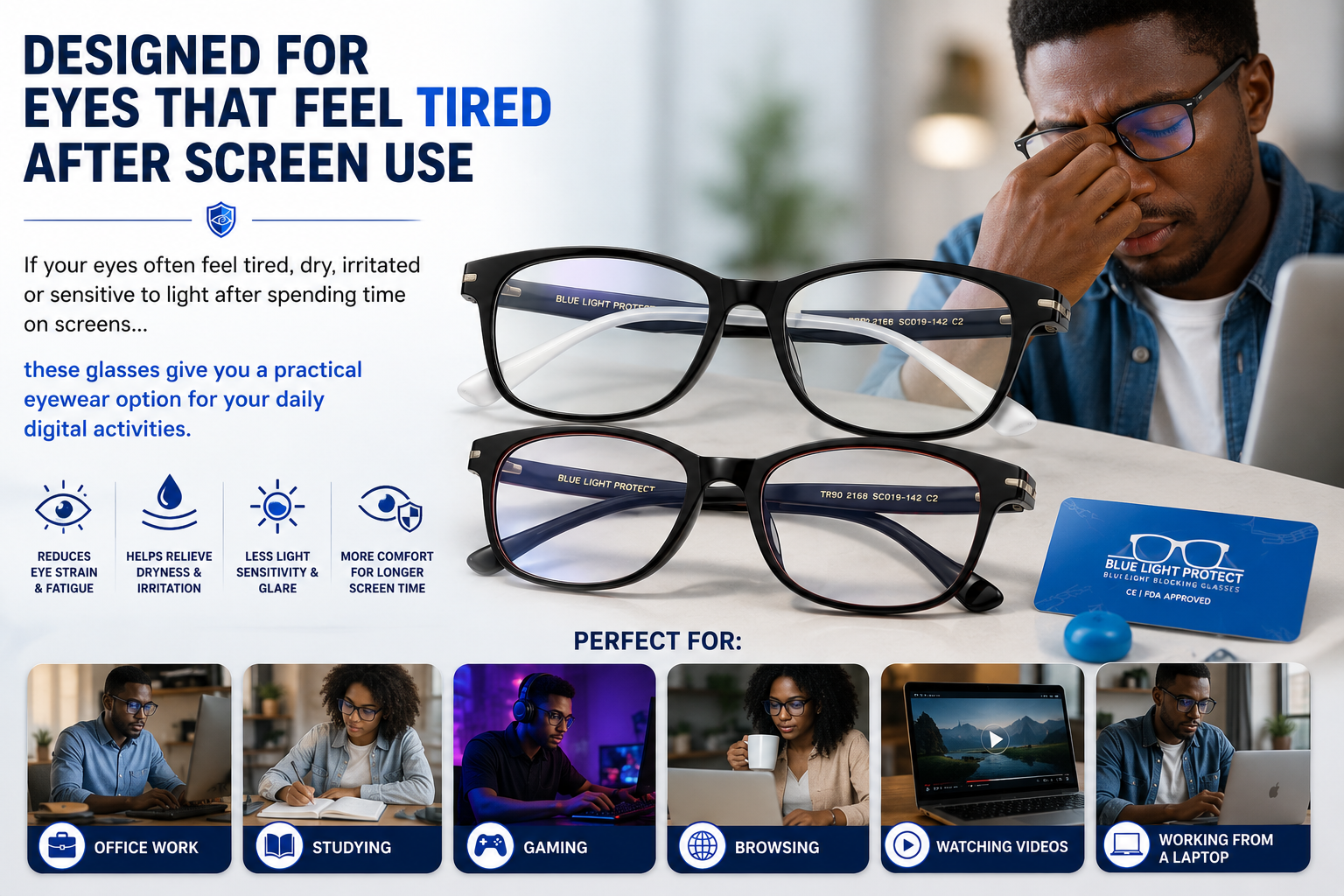 Anti-blue light glasses designed for eyes that feel tired after screen use