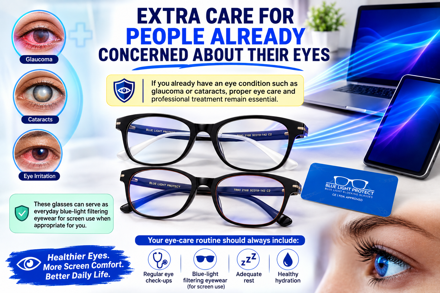 Everyday blue-light filtering eyewear shown with an eye-care reminder